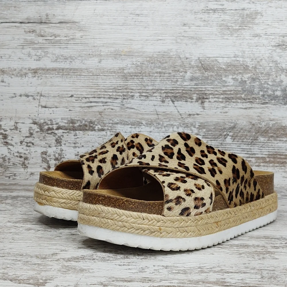 Like New Office Girl Leopard Calf Hair Flatform Espadrille Slide Sandal - Picture 3 of 16
